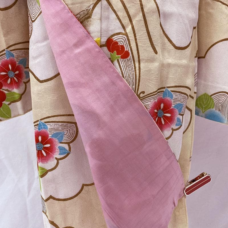 506ag67◎七五三 七歳 女児 セミアンティーク 着物&袋帯 総柄 蝶 花◎