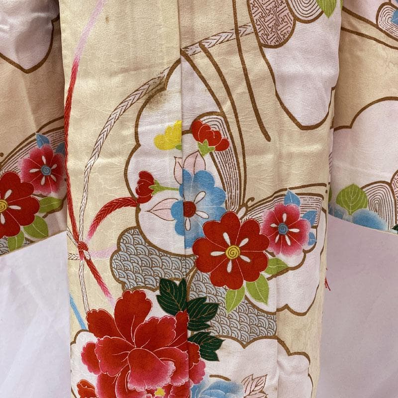 506ag67◎七五三 七歳 女児 セミアンティーク 着物&袋帯 総柄 蝶 花◎