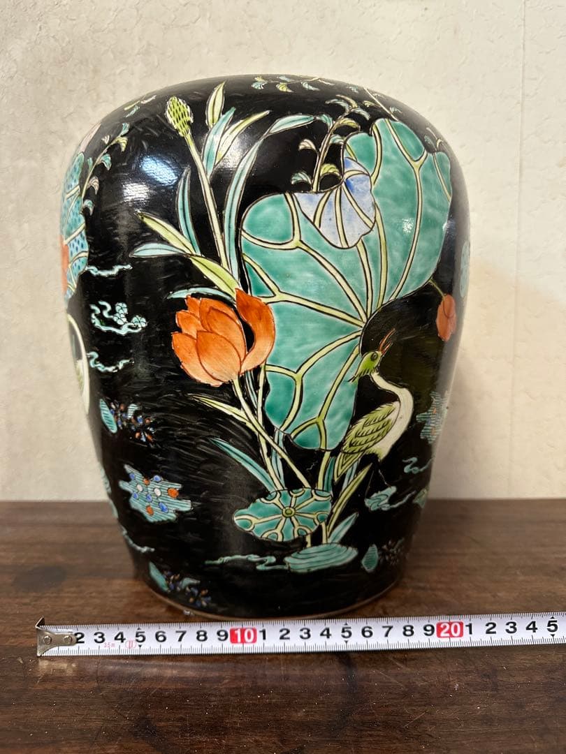 中国　五彩　粉彩　染付　壺　蓮鴨図　古美術　アンティーク　時代物