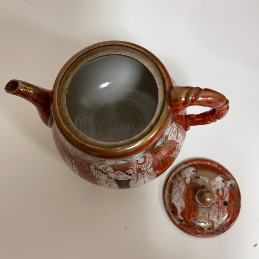 九谷焼　骨董品【唐人図手描き】茶瓶&煎茶碗５客　銅板プレートに唄記入有り