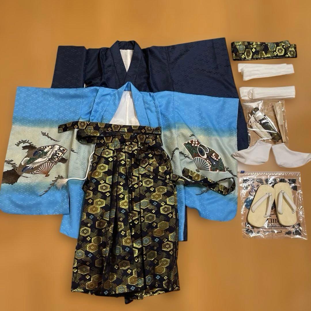 七五三 水色着物フルセット男の子100〜120扇子と鷹のデザイン