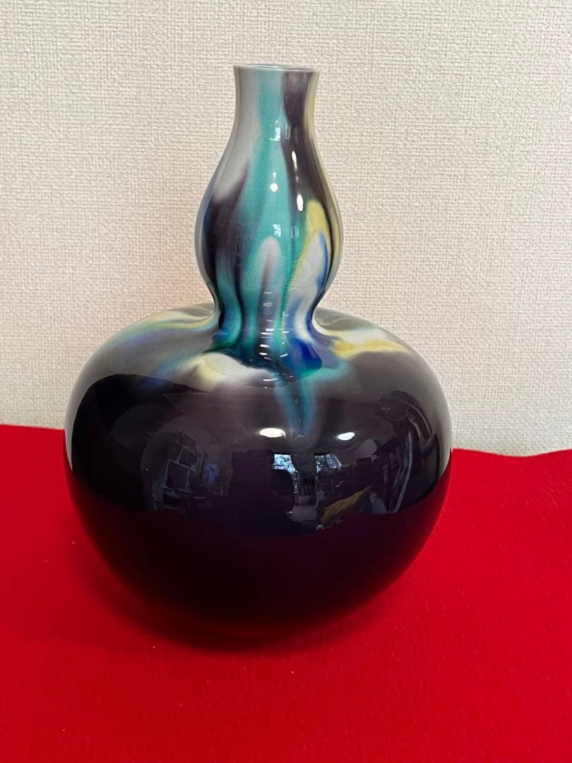 【特大】 人間国宝 三代 徳田八十吉  (正彦銘) 彩釉 瓢型 花入 T198