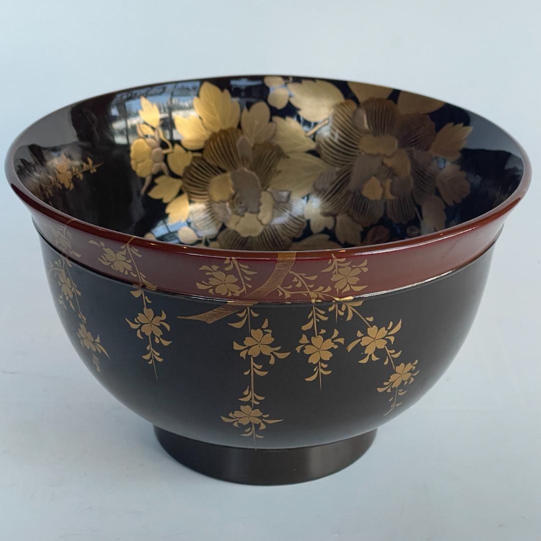 時代 金蒔絵 螺鈿 盃洗 漆 大茶椀 枝垂れ桜 さくら 菊 椿 美品