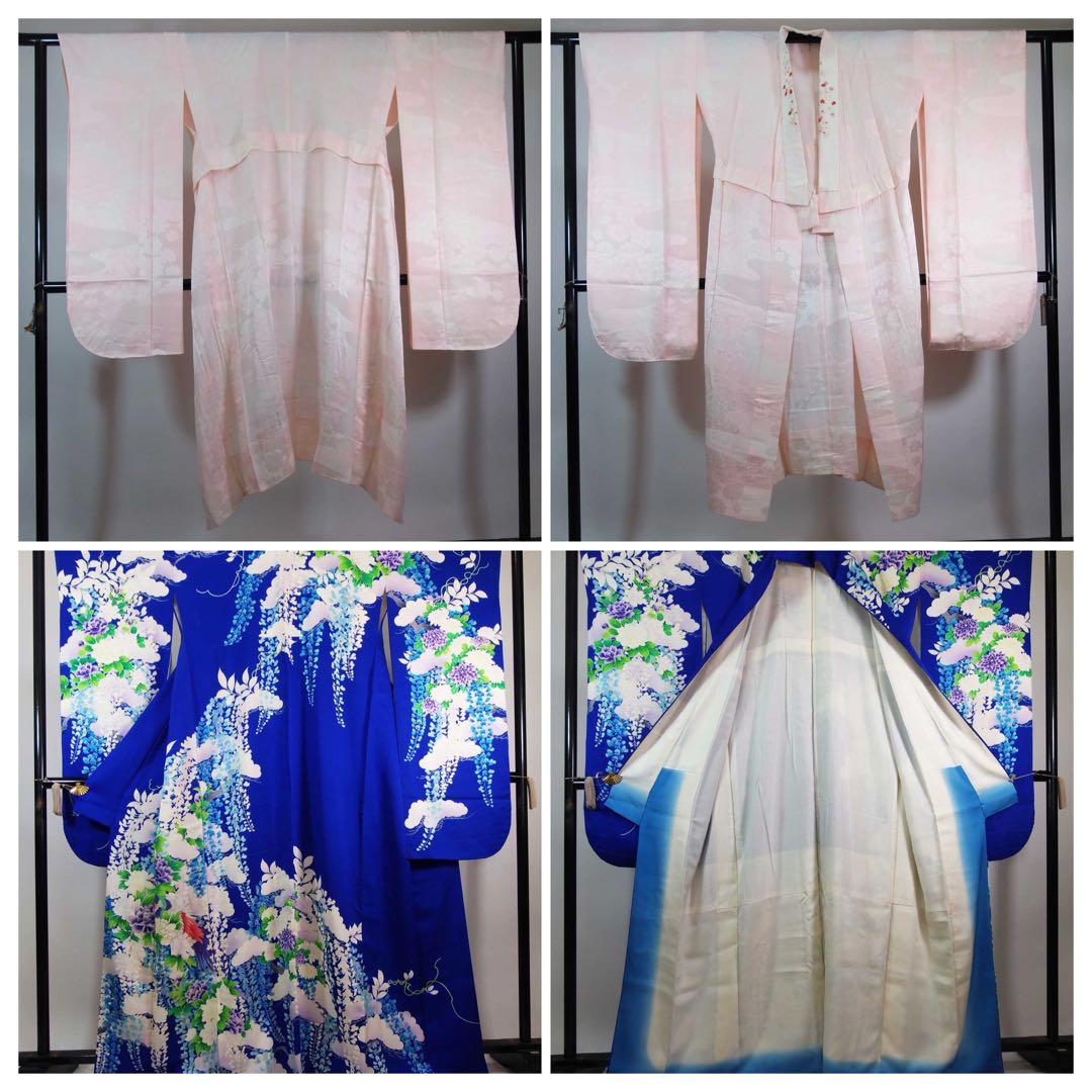 【豪華3点セット】振袖／濃紺地 藤花文様／銀駒刺繍／長襦袢・袋帯付き 晴れの日に