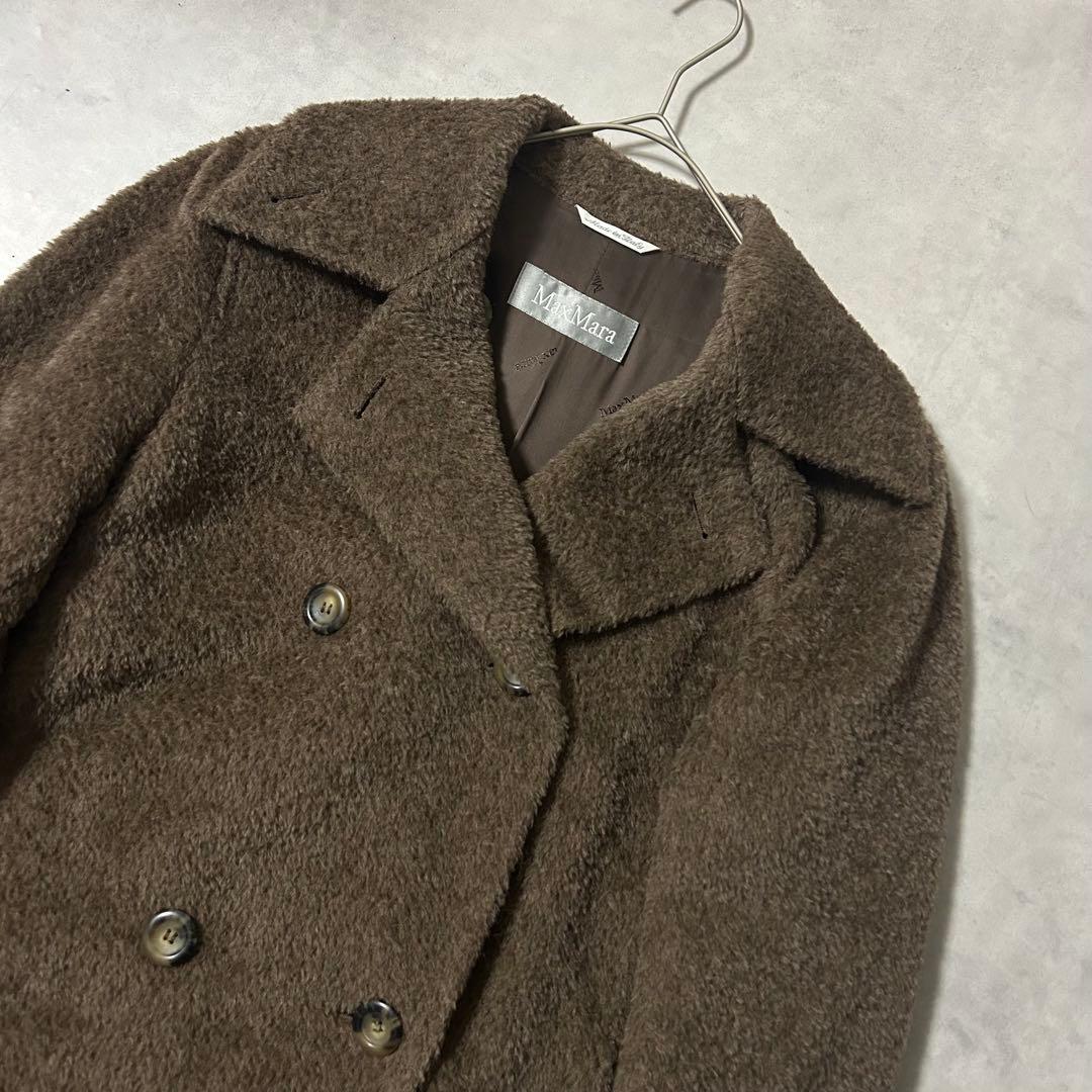 マックスマーラ 銀タグ アルパカシャギーコート ロング 裏地ロゴ ダブル