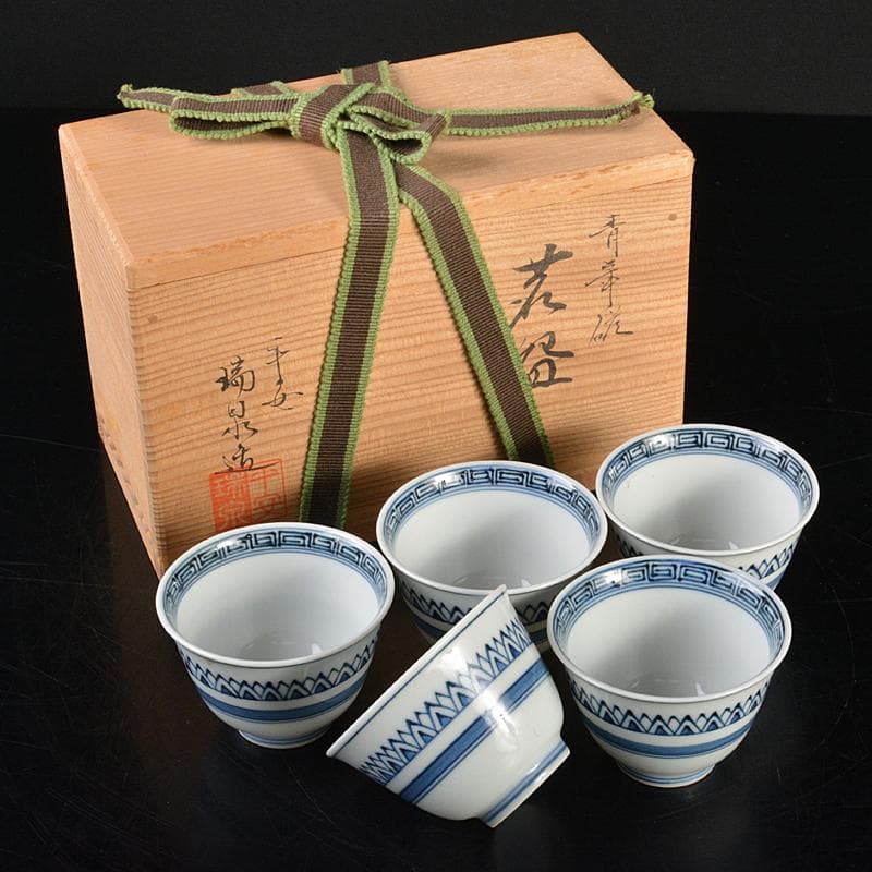 煎茶道具　京焼　清水焼　平安　瑞泉造　青華　煎茶碗　五客　共箱　V　R7175