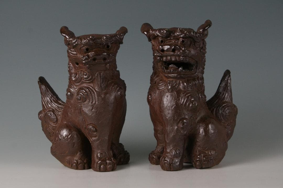 人間国宝一門　金城敏徳 作　南蛮焼〆立シーサー（大）1対