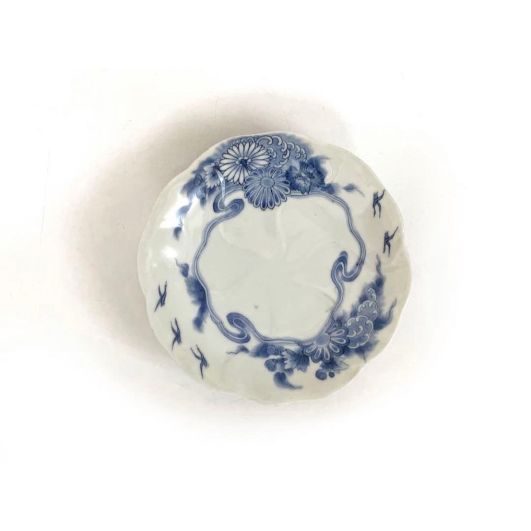 #1骨董　アンティーク　藍柿右衛門　染付　菊雲鶴文様　輪花皿　高脚皿　古伊万里