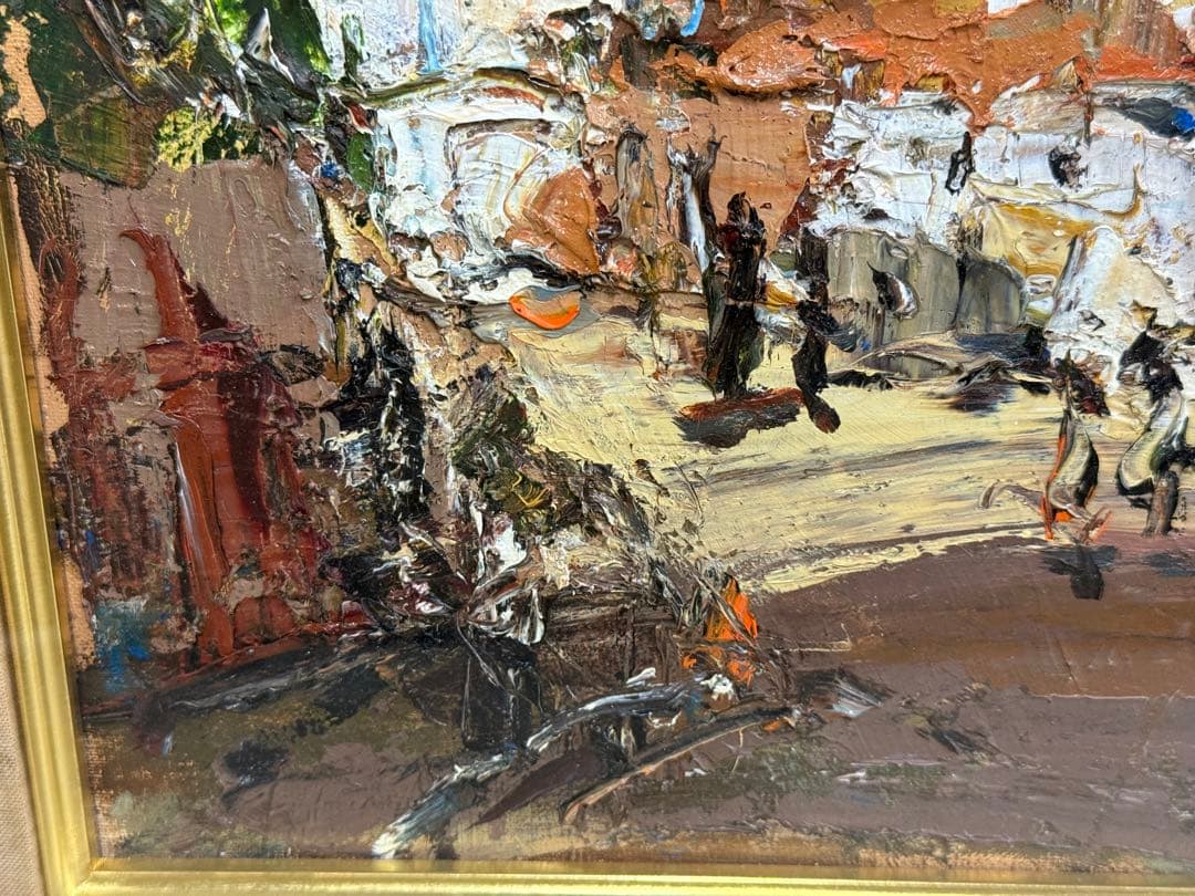 真作 友成晴雄 街角F4号 油彩画 油絵 風景画 直筆サイン