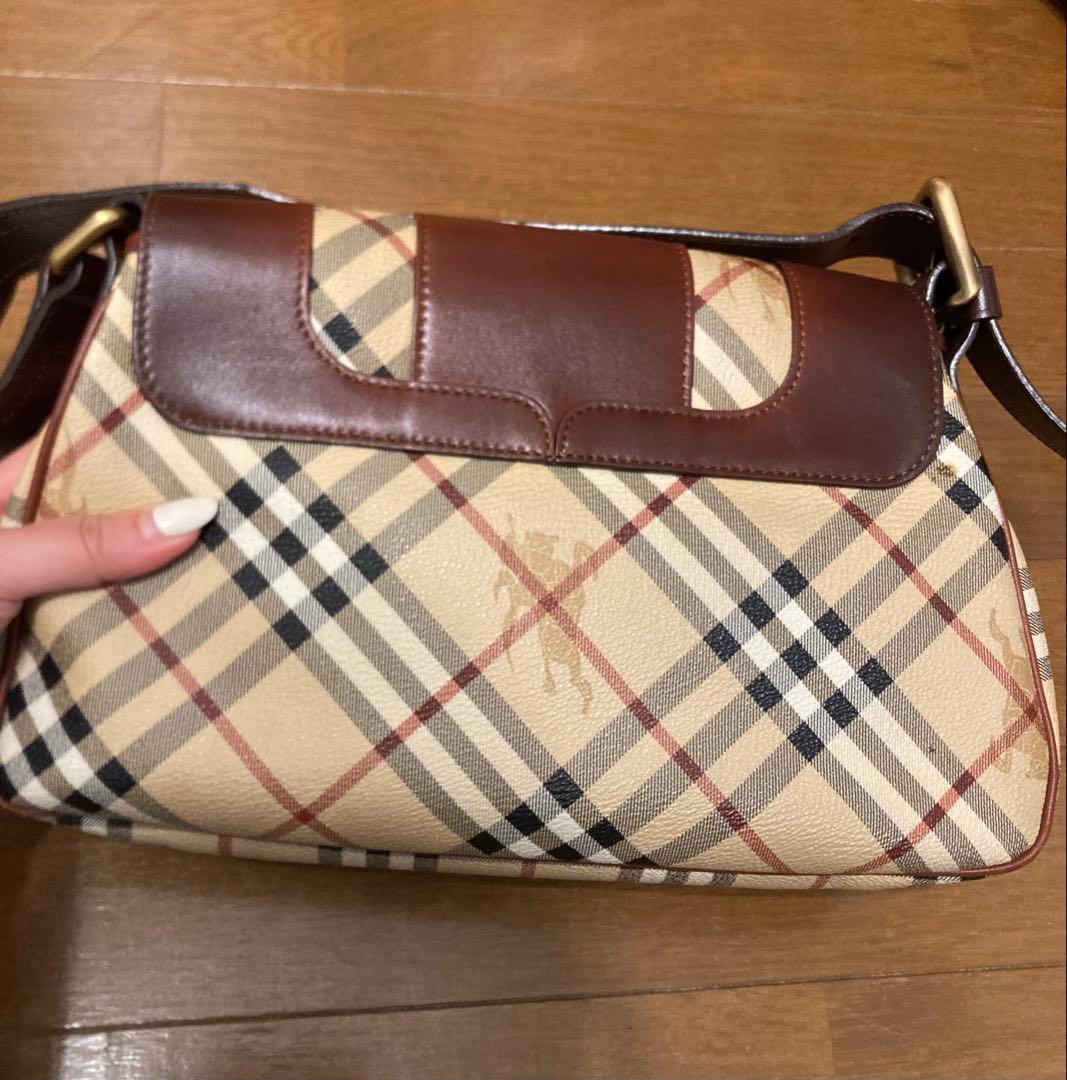 チェック柄ブラウンレザーショルダーバッグ