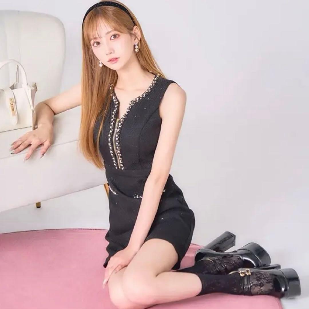 スパンコールツイードジップアップミニドレス/キャバドレス