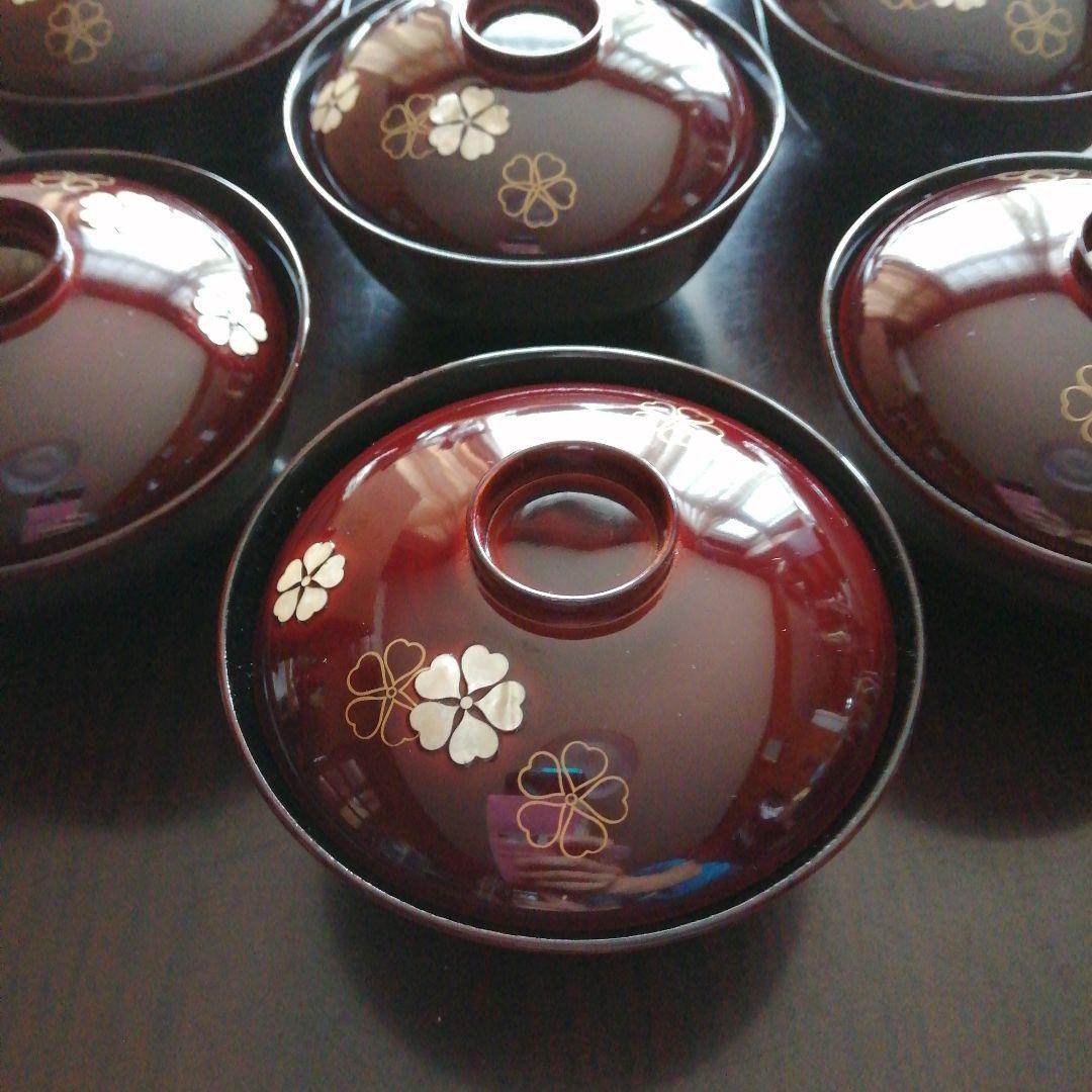 木製漆器　螺鈿桜紋蓋付椀　10客　12cm　昭和中期