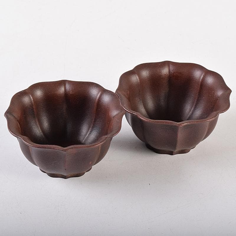 中国　中国宣興銘　紫砂朱泥　輪花碗　一對　V　8064E