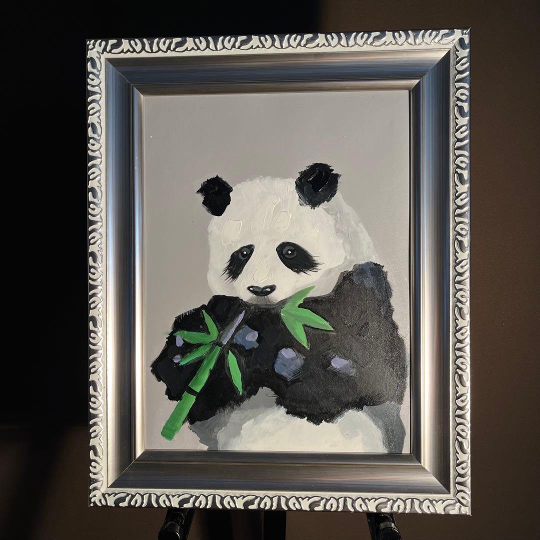 手書き油絵 パンダさん 額付 絵画 インテリア 油彩画