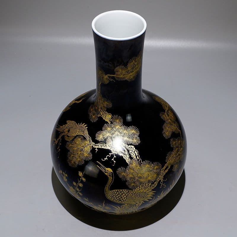 清康熙烏金釉本金手描き松鶴延年天球瓶 景徳鎮 陶磁器 装飾品現代工芸品美術品置物