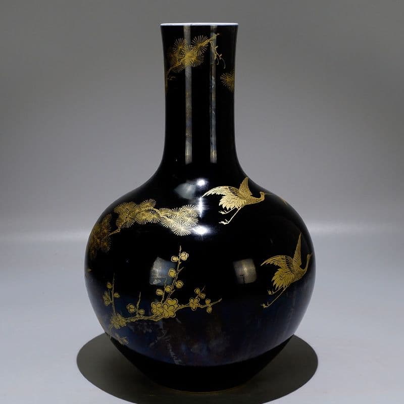 清康熙烏金釉本金手描き松鶴延年天球瓶 景徳鎮 陶磁器 装飾品現代工芸品美術品置物