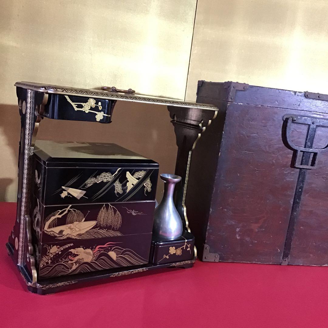 金高盛蒔絵　野弁当重　錫徳利　時代箱付　江戸期