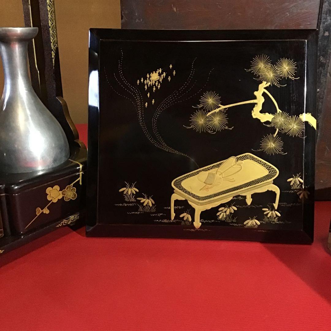 金高盛蒔絵　野弁当重　錫徳利　時代箱付　江戸期