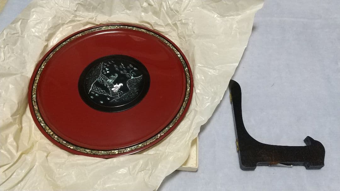 赤色漆器皿 スタンド付き 高岡漆器 青貝