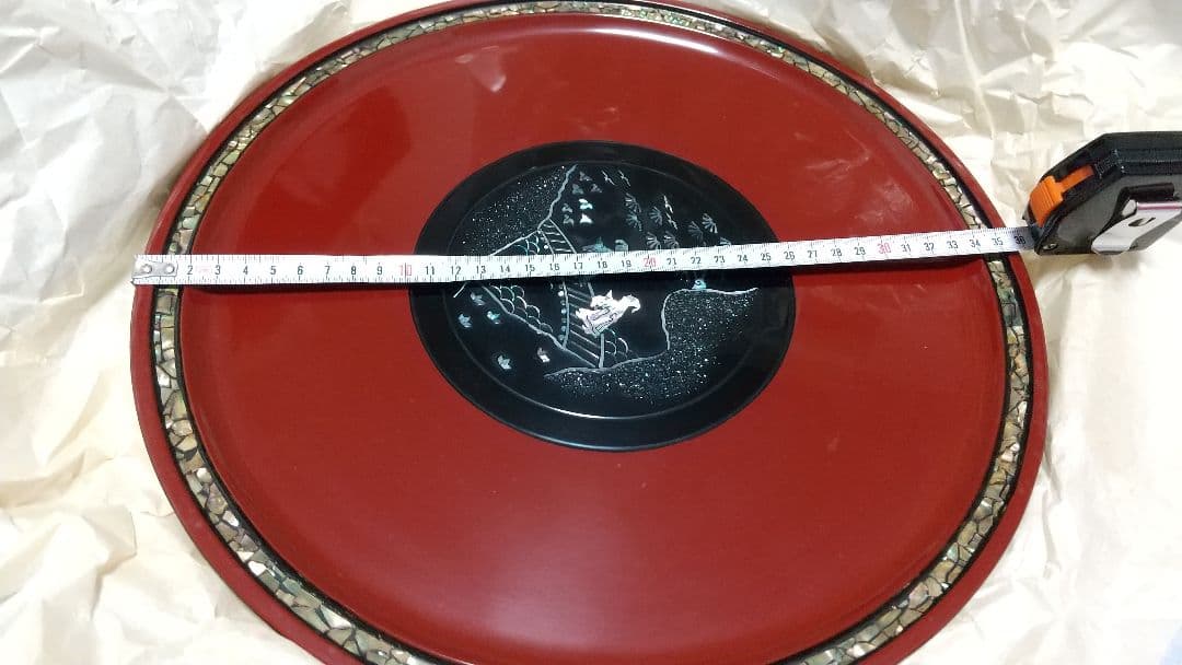 赤色漆器皿 スタンド付き 高岡漆器 青貝