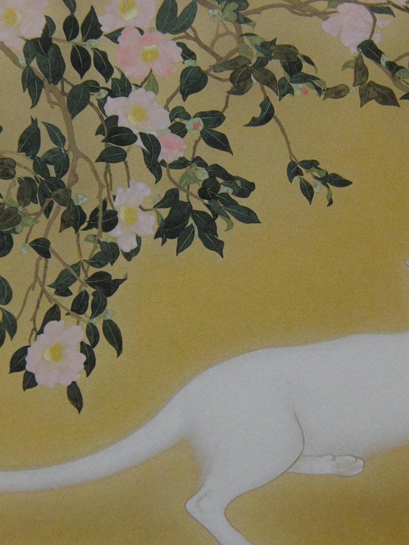 前本利彦、【椿下白猫】、希少画集画、新品高級額 額装付、状態良好