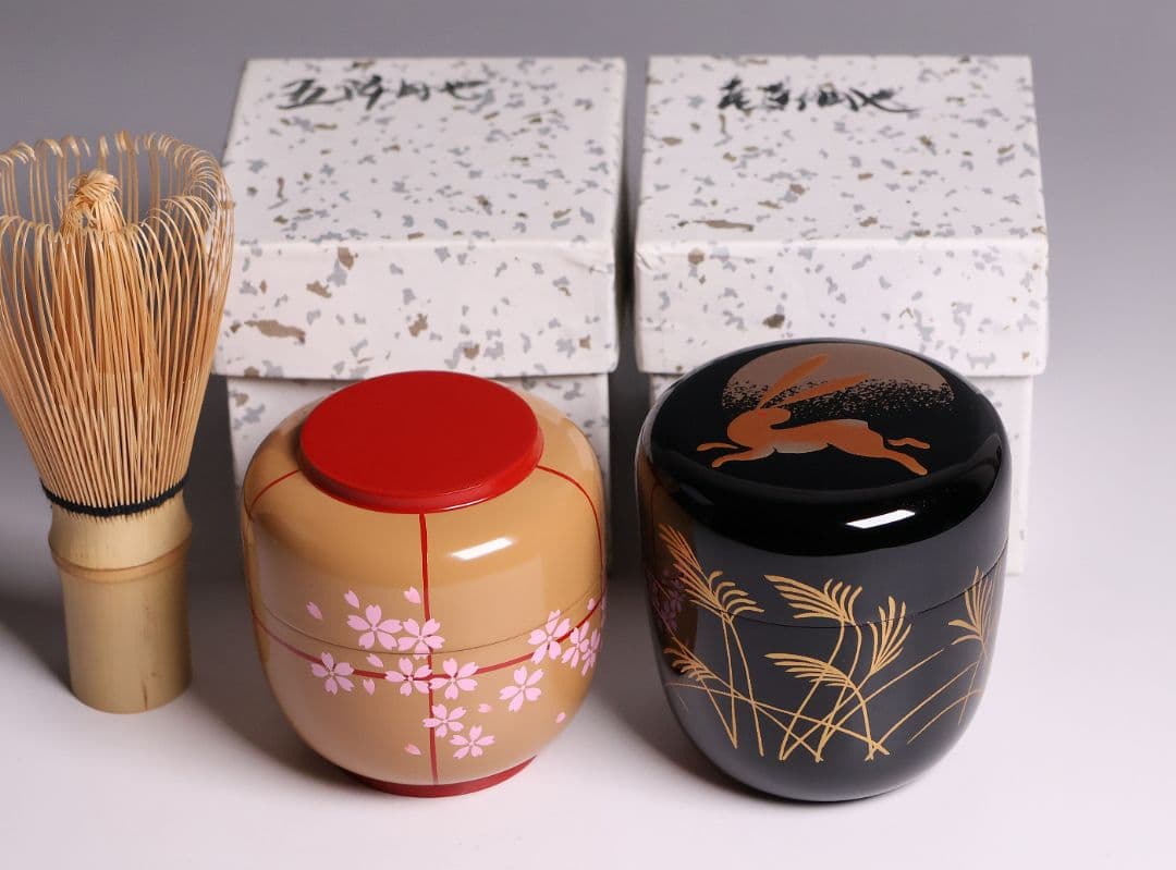 茶道具 棗 2点 ぼんぼり 月と兎 木製 黒塗 白塗 / 土居義峰【CM348】