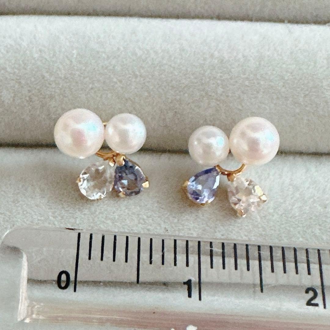 K18YG 18金 パール タンザナイト ホワイトトパーズ ピアス