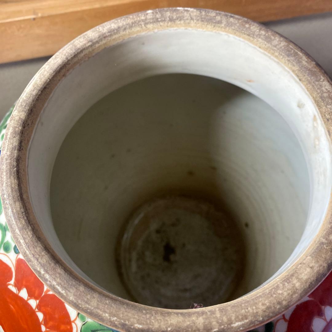 中国古玩　色絵華図四耳壺