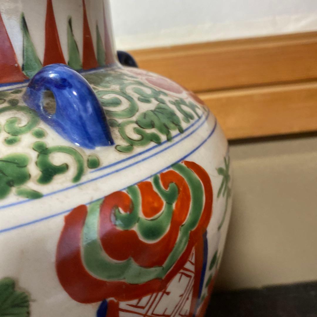 中国古玩　色絵華図四耳壺