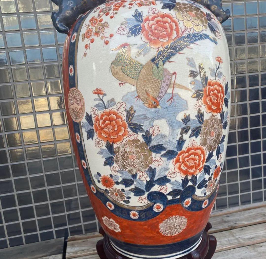 伊万里焼 大花瓶 壺 金襴手 花鳥文 骨董品 稀少 高さ76cm 狛犬