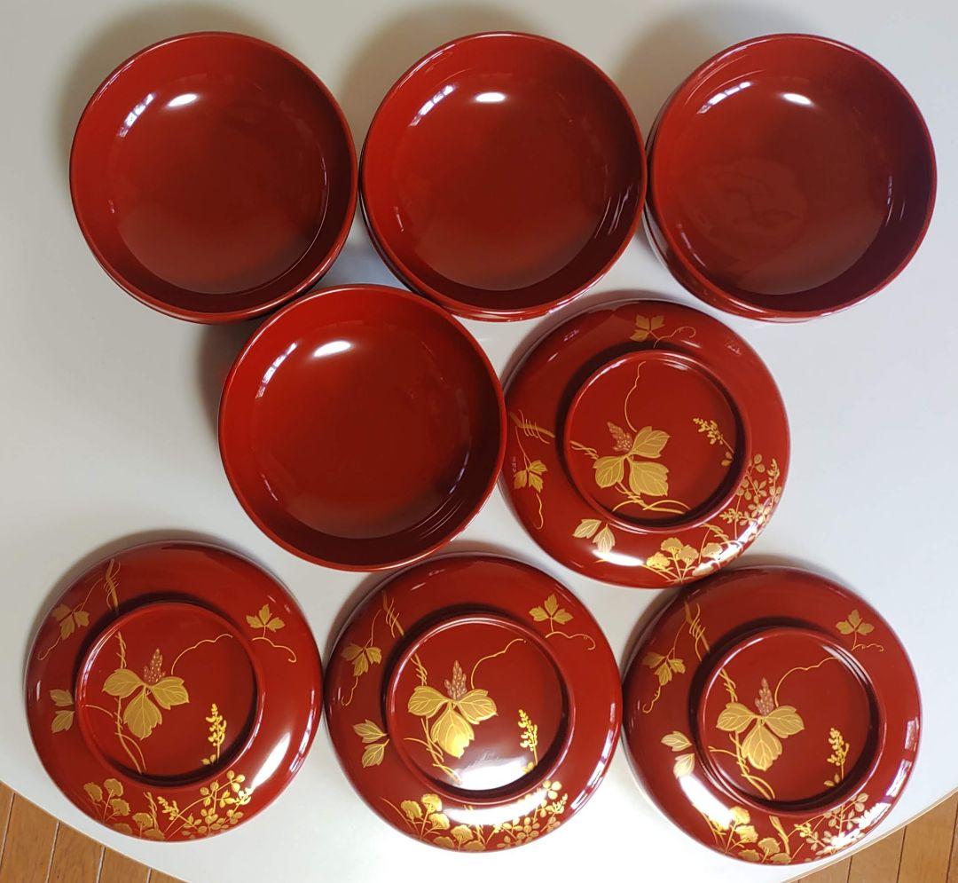 輪島塗　朱塗 大平椀　磨蒔絵 秋草の図　4客