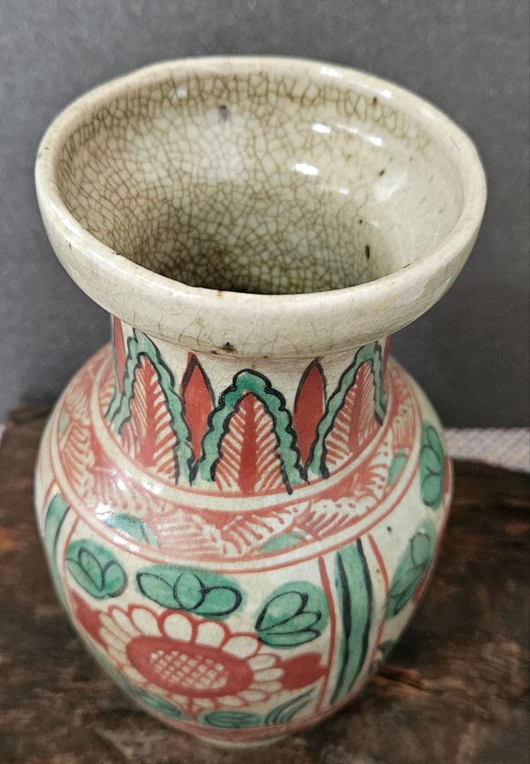 古代中国　明代～清代頃　古赤絵　天啓赤絵 四面花文様　広口壺　罐　花入れ　茶道具