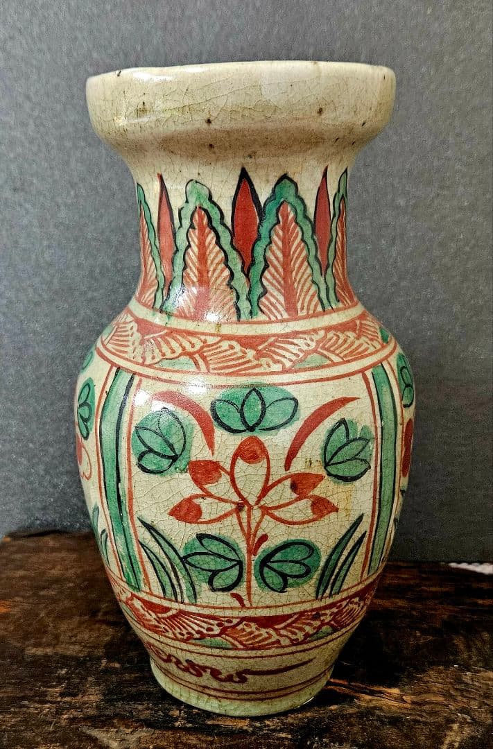 古代中国　明代～清代頃　古赤絵　天啓赤絵 四面花文様　広口壺　罐　花入れ　茶道具