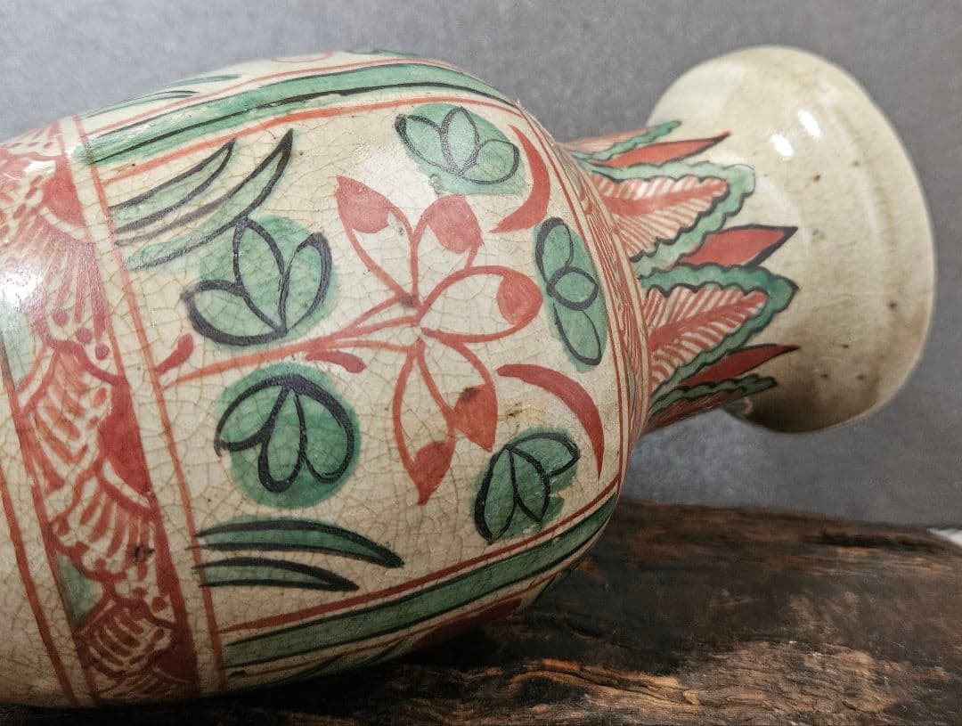 古代中国　明代～清代頃　古赤絵　天啓赤絵 四面花文様　広口壺　罐　花入れ　茶道具