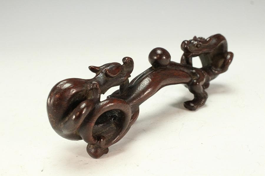 中国美術 古竹 刻 双龍 筆架17.5cmx3.5cm文房四宝(K-HA477)