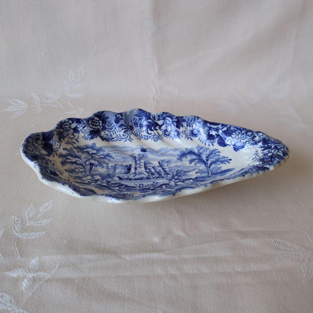 イギリスアンティーク アスパラガスプレート ブルー＆ホワイト