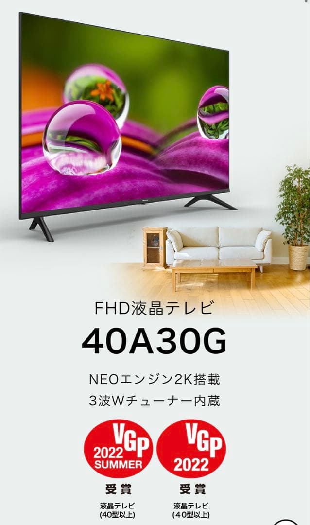 【Hisense】40型 液晶テレビ 2K 40A30G 外付けHDD録画対応