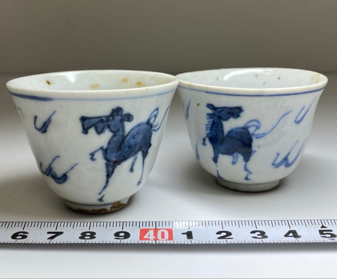 中国清時代　唐物青花キリン図煎茶碗2客　口径約6㎝　東Y7-0331☆2Fタトチ