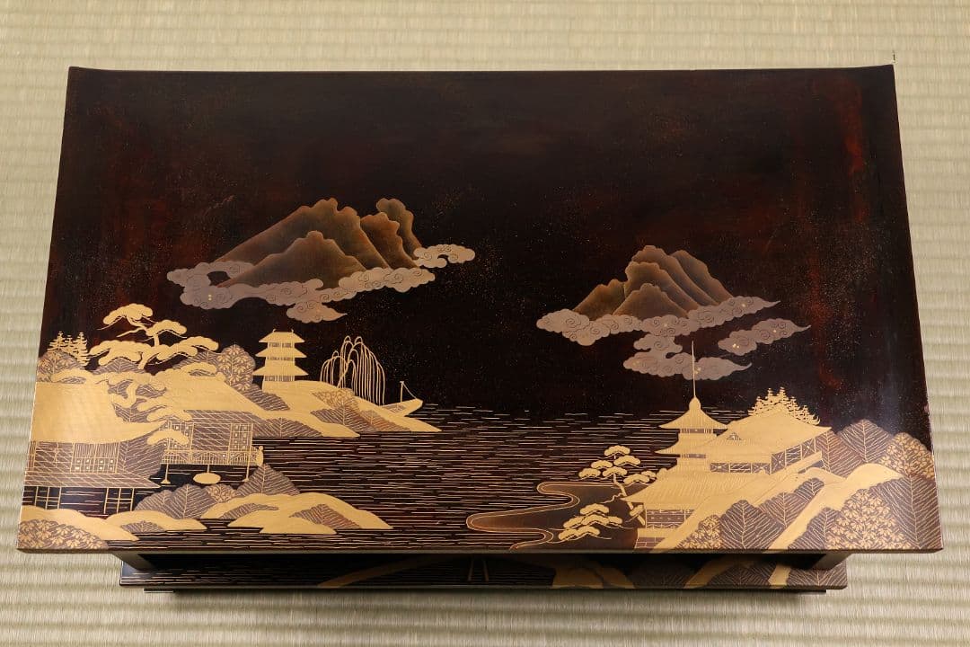 時代 楼閣山水蒔絵 総梨地 冠卓 二段卓 木製 覆輪 金蒔絵 花台【MA662】