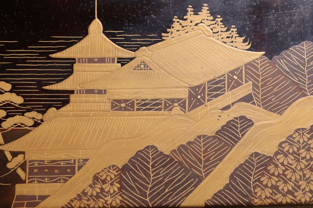 時代 楼閣山水蒔絵 総梨地 冠卓 二段卓 木製 覆輪 金蒔絵 花台【MA662】