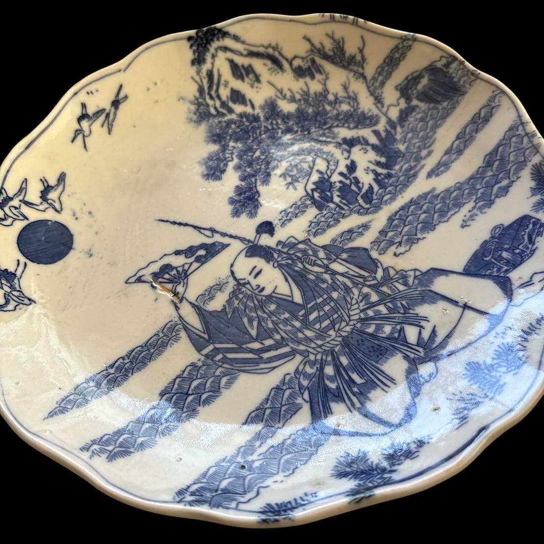 古伊万里 染付 輪鼻皿 人物文様 皿 アンティーク 鶴文 花形皿 かざりさら