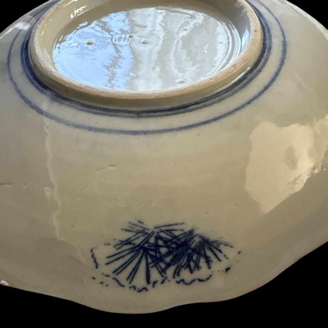 古伊万里 染付 輪鼻皿 人物文様 皿 アンティーク 鶴文 花形皿 かざりさら