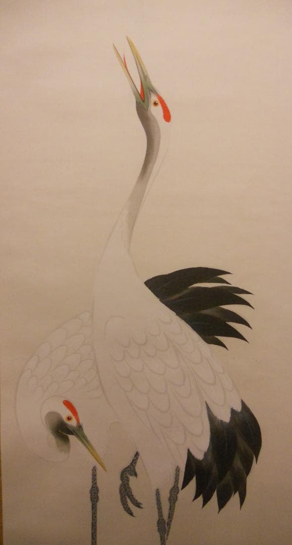 掛け軸 五十嵐春山 『 双鶴 』 絹本 希少 軸装 茶道具 掛軸 美品 です。