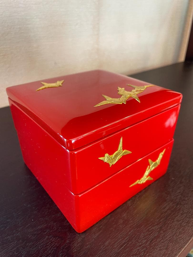⭐️超美品⭐️ 琉球漆器 4寸 二段お重箱 折鶴 漆の重ね箱