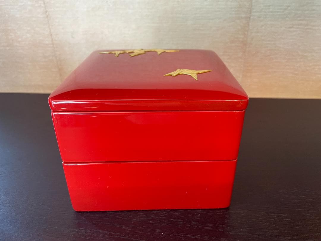 ⭐️超美品⭐️ 琉球漆器 4寸 二段お重箱 折鶴 漆の重ね箱