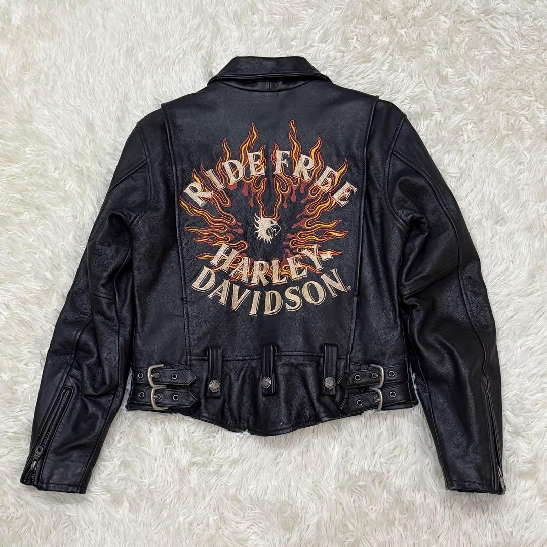 ハーレーダビッドソン　シングルライダースジャケット　S　ファイヤーパターン　刺繍