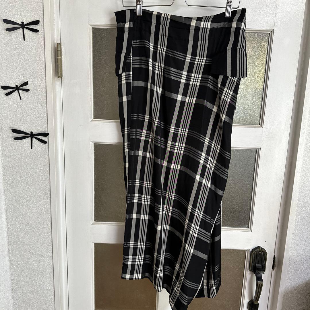 y'sワイズ黒白チェック柄アシンメトリーワイドパンツ