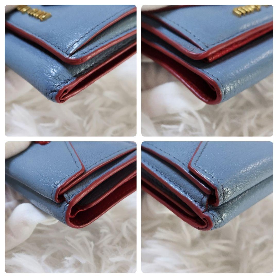 レア美品✨ミュウミュウ◇ラブレター三つ折り財布　マドラスレザーゴールド金具水色