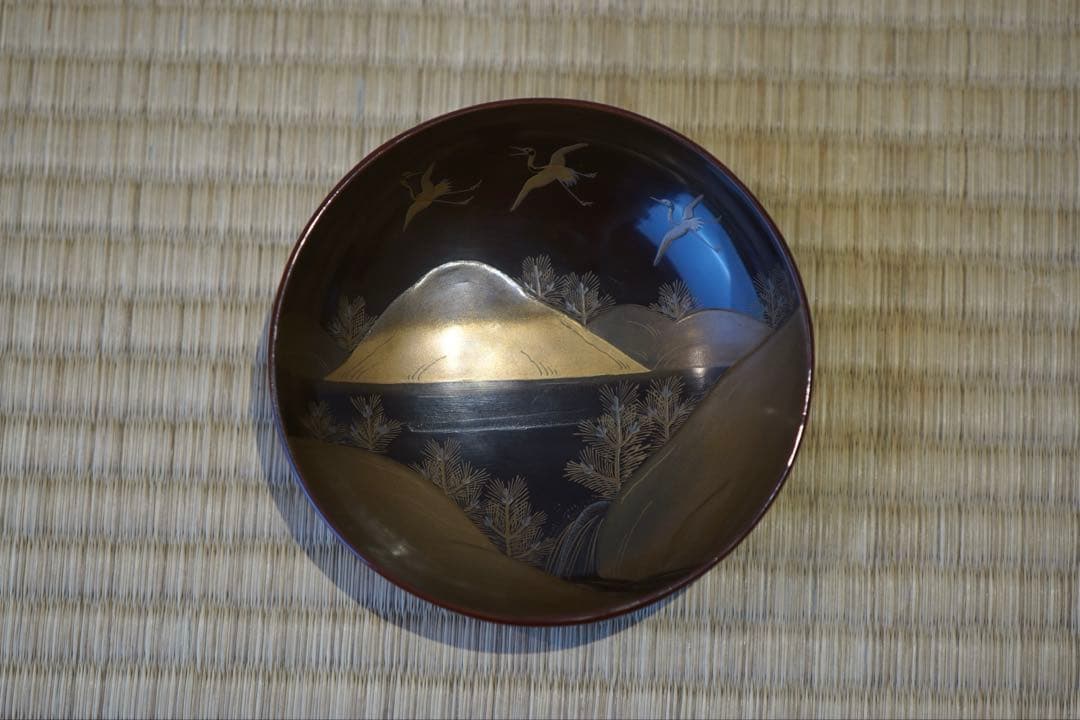 松に鶴・山水図蒔絵 溜塗 吸物椀 2客/ 高級 木製漆器 祝儀 茶懐石