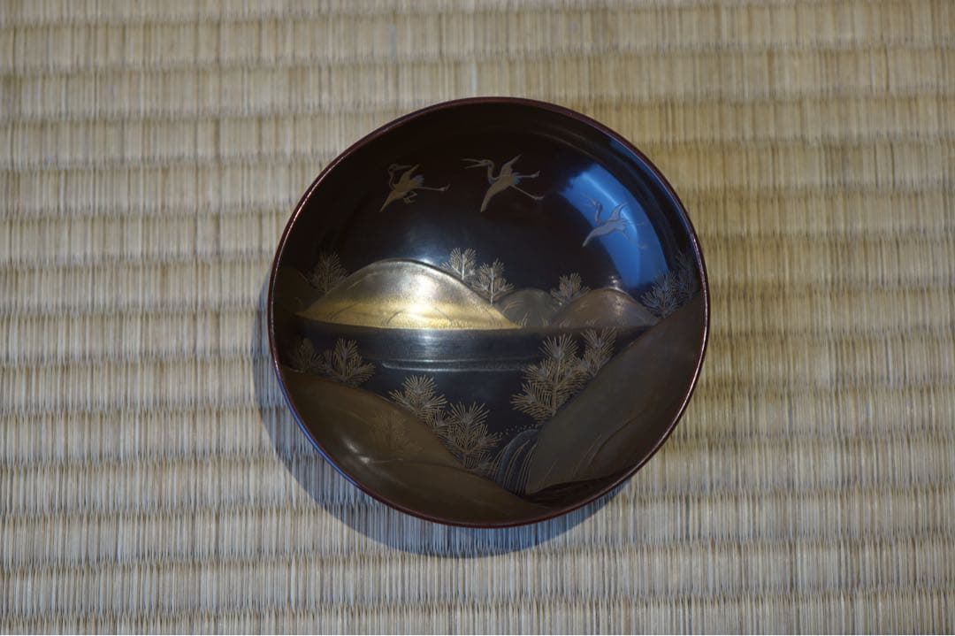 松に鶴・山水図蒔絵 溜塗 吸物椀 2客/ 高級 木製漆器 祝儀 茶懐石
